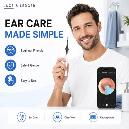 Man holding ear cleaning tool with smartphone app interface, branded as Luxe & Ledger, on a white background.