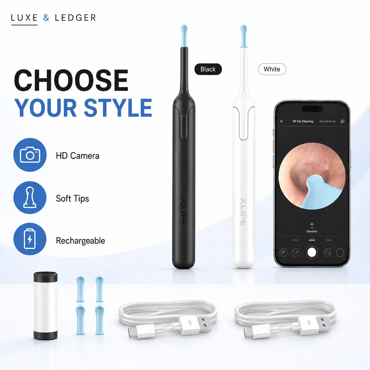 Luxe & Ledger ear cleaning tool with smartphone app, black and white models, and accessories on a white background.