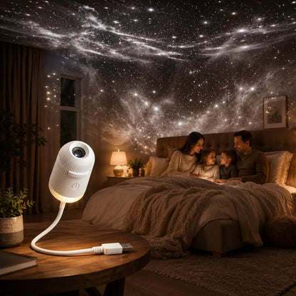 Family in a bedroom with a starry night sky projection, next to a camera device on a table.