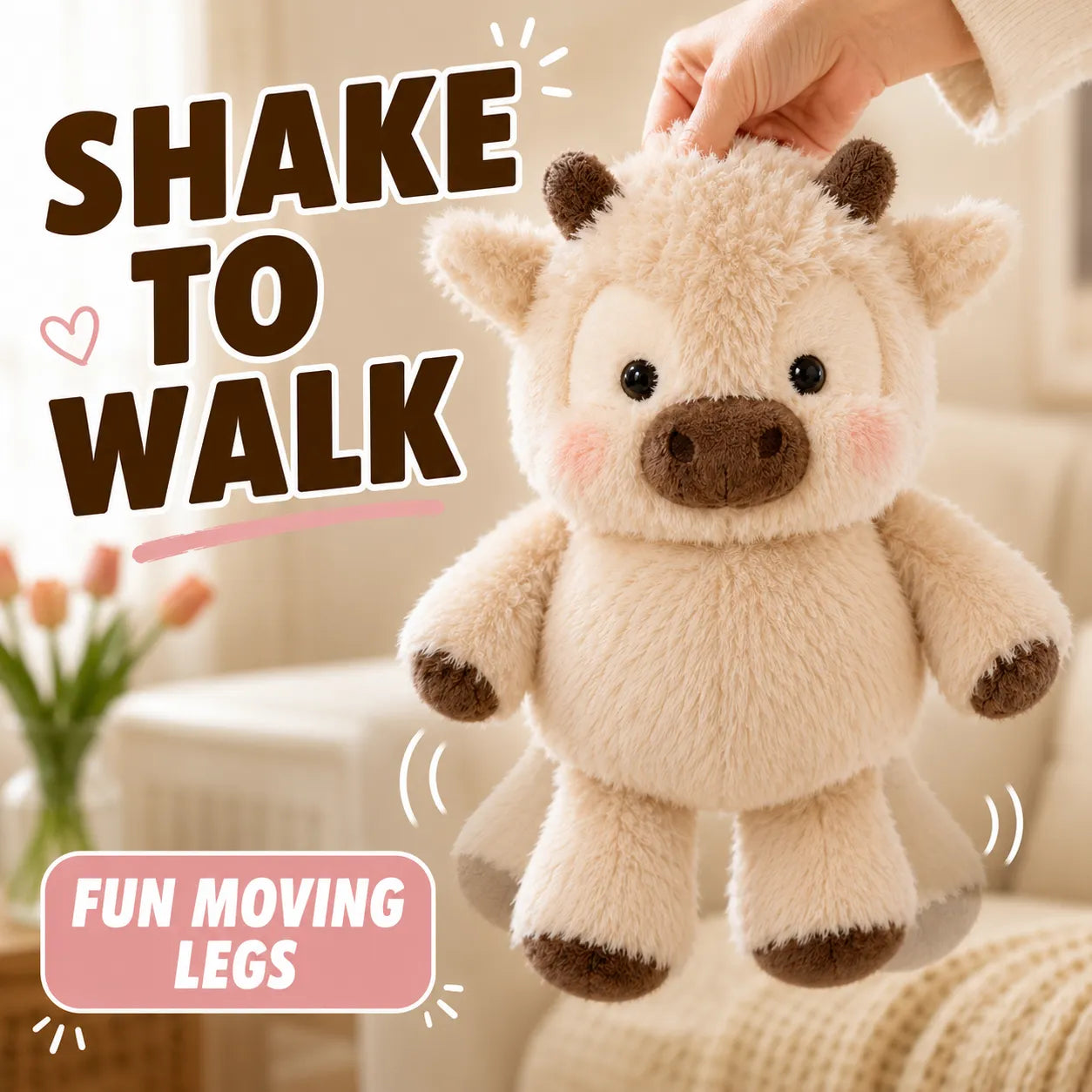 Plush toy with moving legs held by a hand, text 'Shake to Walk' and 'Fun Moving Legs' displayed.