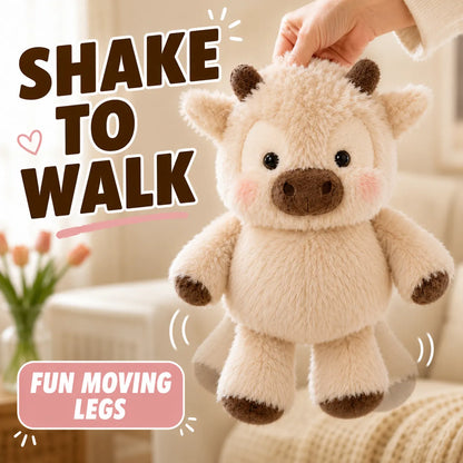 Plush toy with moving legs held by a hand, text 'Shake to Walk' and 'Fun Moving Legs' displayed.