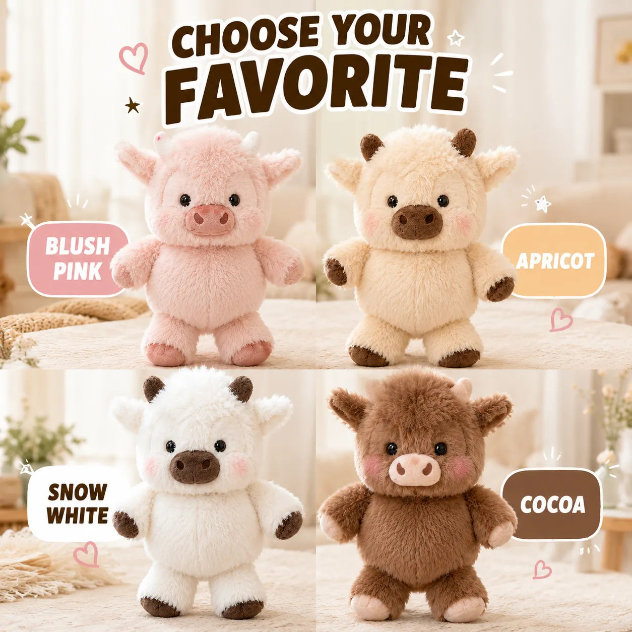 Four plush toys in different colors with text 'Choose Your Favorite' and color labels.