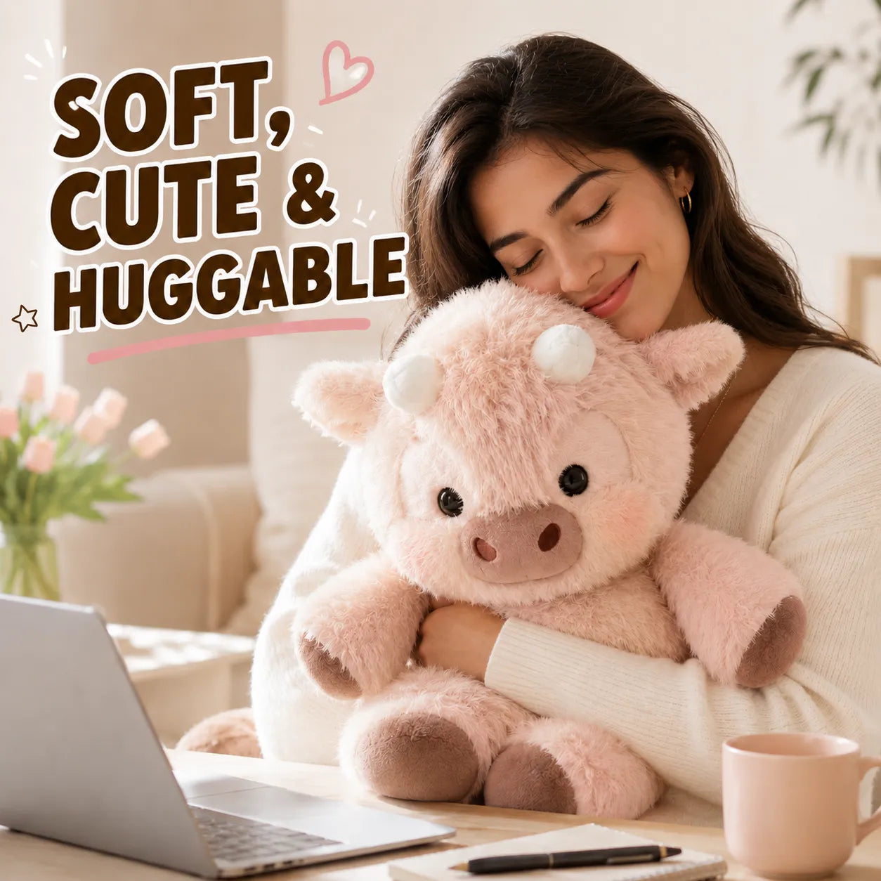 Woman hugging a pink plush pig toy with text 'Soft, Cute & Huggable' in a cozy indoor setting.