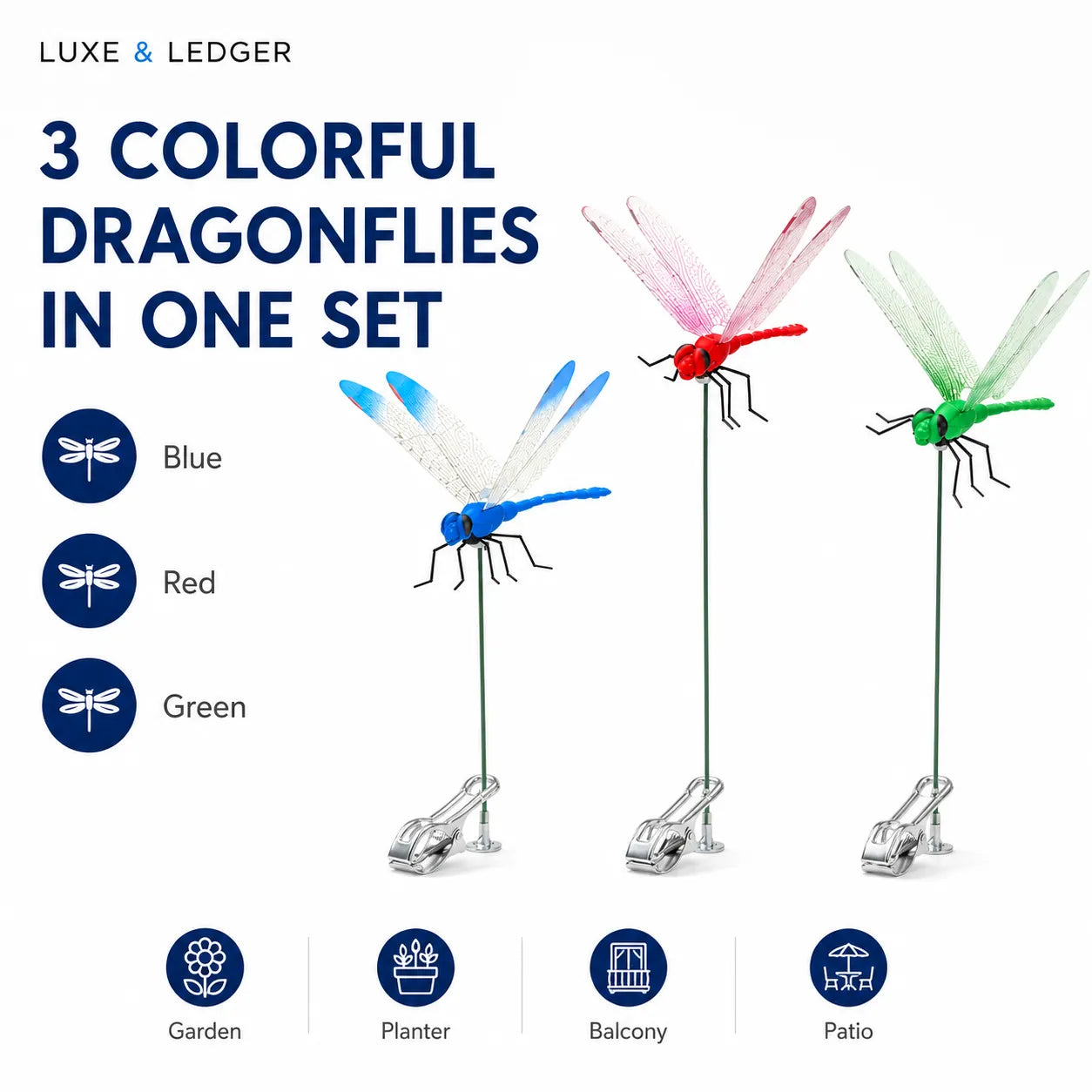 Set of three colorful dragonflies on stands with color options and usage suggestions.