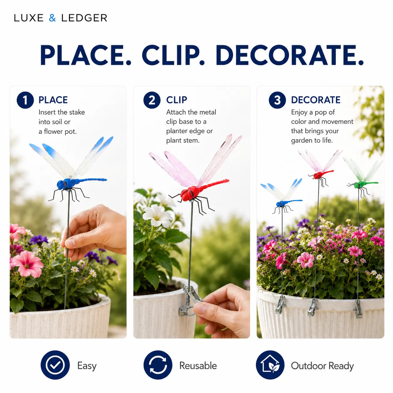 Instructions for using decorative stakes with dragonfly designs, featuring 'Luxe & Ledger' branding.