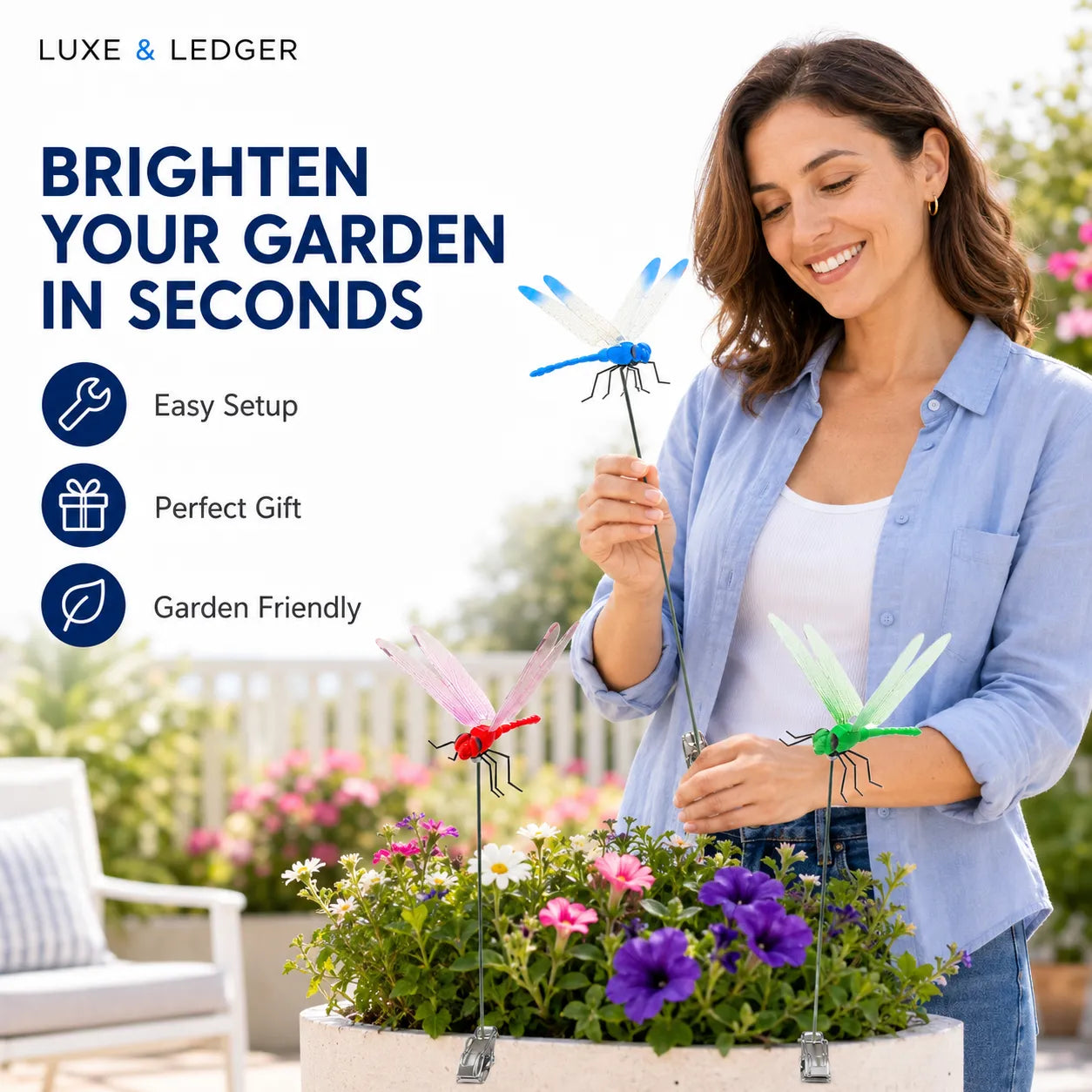 Woman holding garden wind spinners with promotional text about Luxe & Ledger products.