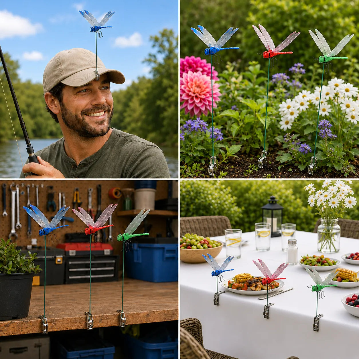 A four-panel collage showing dragonfly-shaped garden stakes in use: one attached to a man's fishing rod outdoors by a lake, one set in a flower garden, one mounted on a workbench, and one displayed on a dining table outdoors.