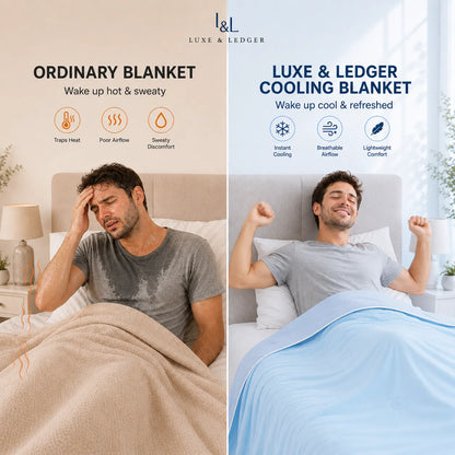 A split comparison graphic for a cooling blanket, showing a man in bed on the left under a beige blanket labeled 'Ordinary Blanket' and on the right under a light blue blanket labeled 'Luxe & Ledger Cooling Blanket.' The top center shows the brand name 'L&L Luxe & Ledger.