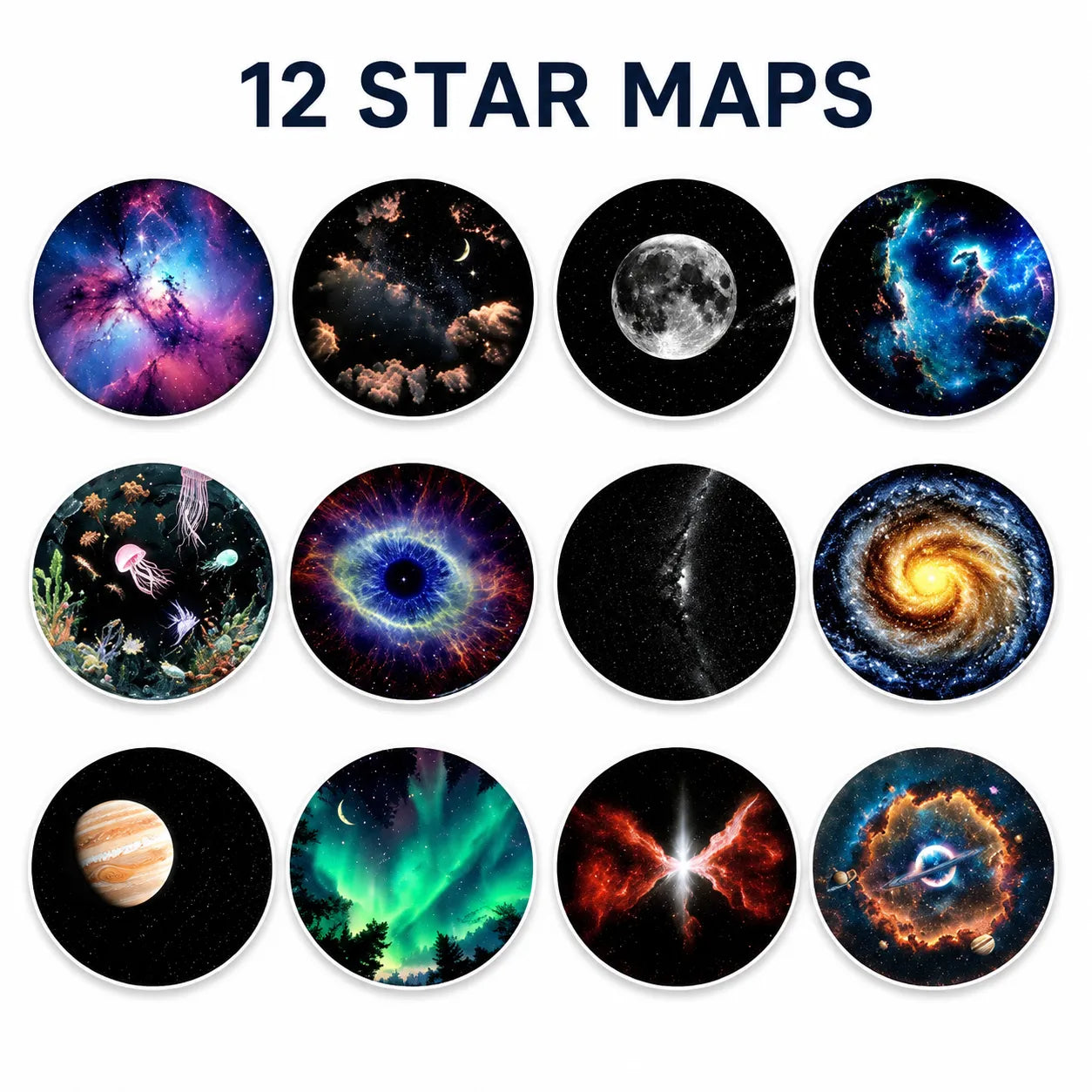 12 star maps displayed in a 4x3 grid with '12 Star Maps' text at the top.
