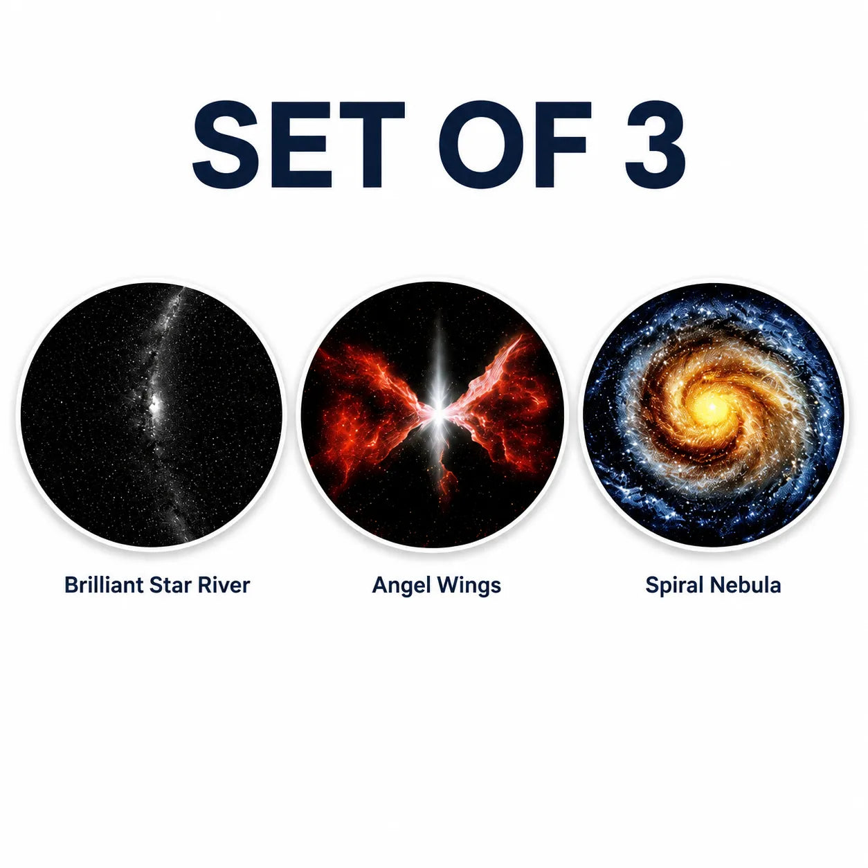 Set of three space-themed coasters labeled 'Brilliant Star River', 'Angel Wings', and 'Spiral Nebula' on a white background.