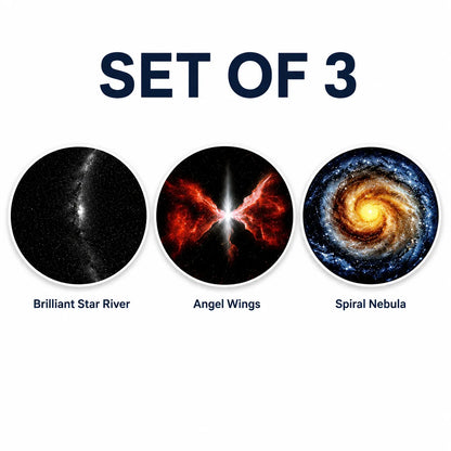 Set of three space-themed coasters labeled 'Brilliant Star River', 'Angel Wings', and 'Spiral Nebula' on a white background.