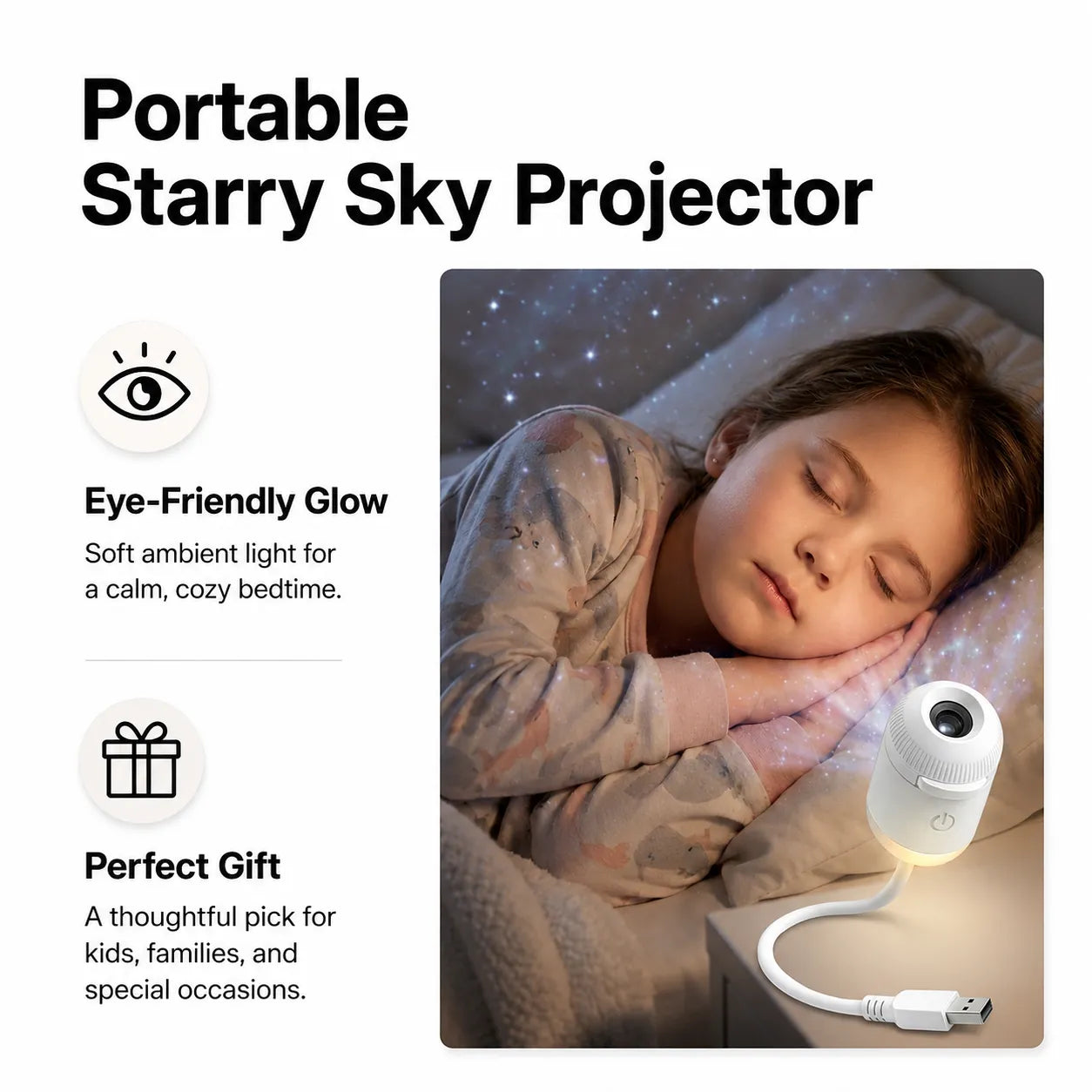 Portable Starry Sky Projector with a child sleeping peacefully, highlighting eye-friendly glow and being a perfect gift.