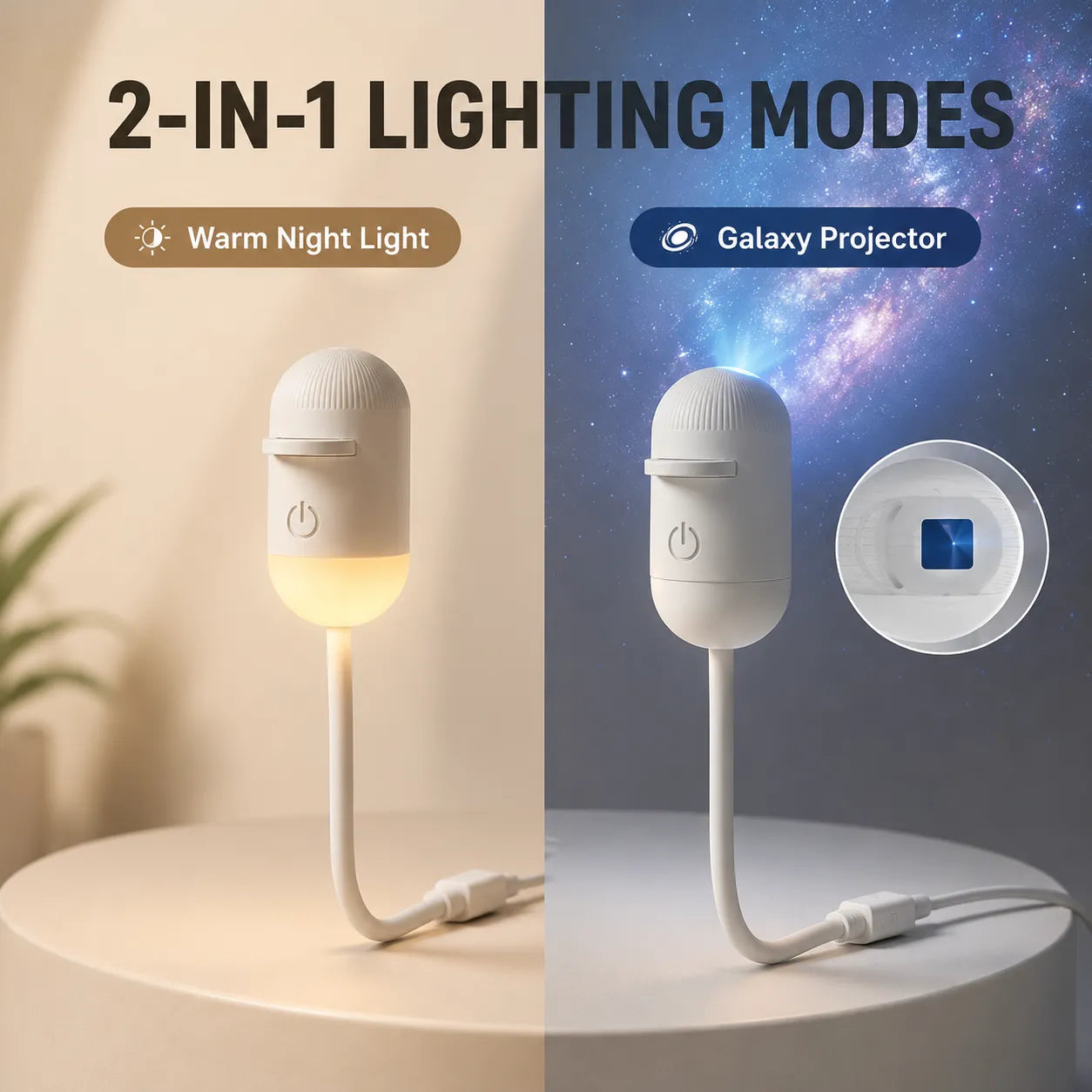 Two modes of a 2-in-1 lighting device: warm night light and galaxy projector.