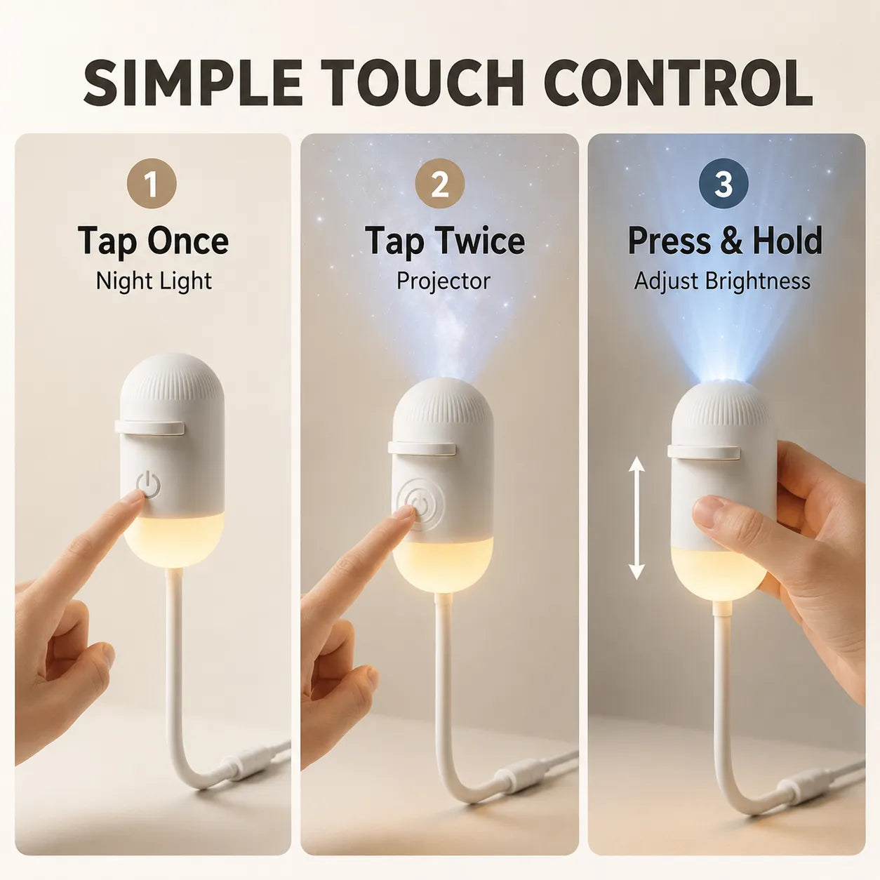 Three panels showing the touch control features of a small lamp with text labels.