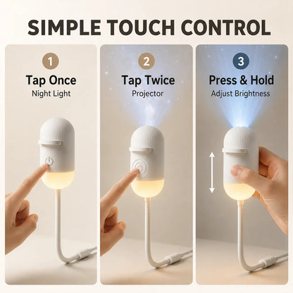 Three panels showing the touch control features of a small lamp with text labels.