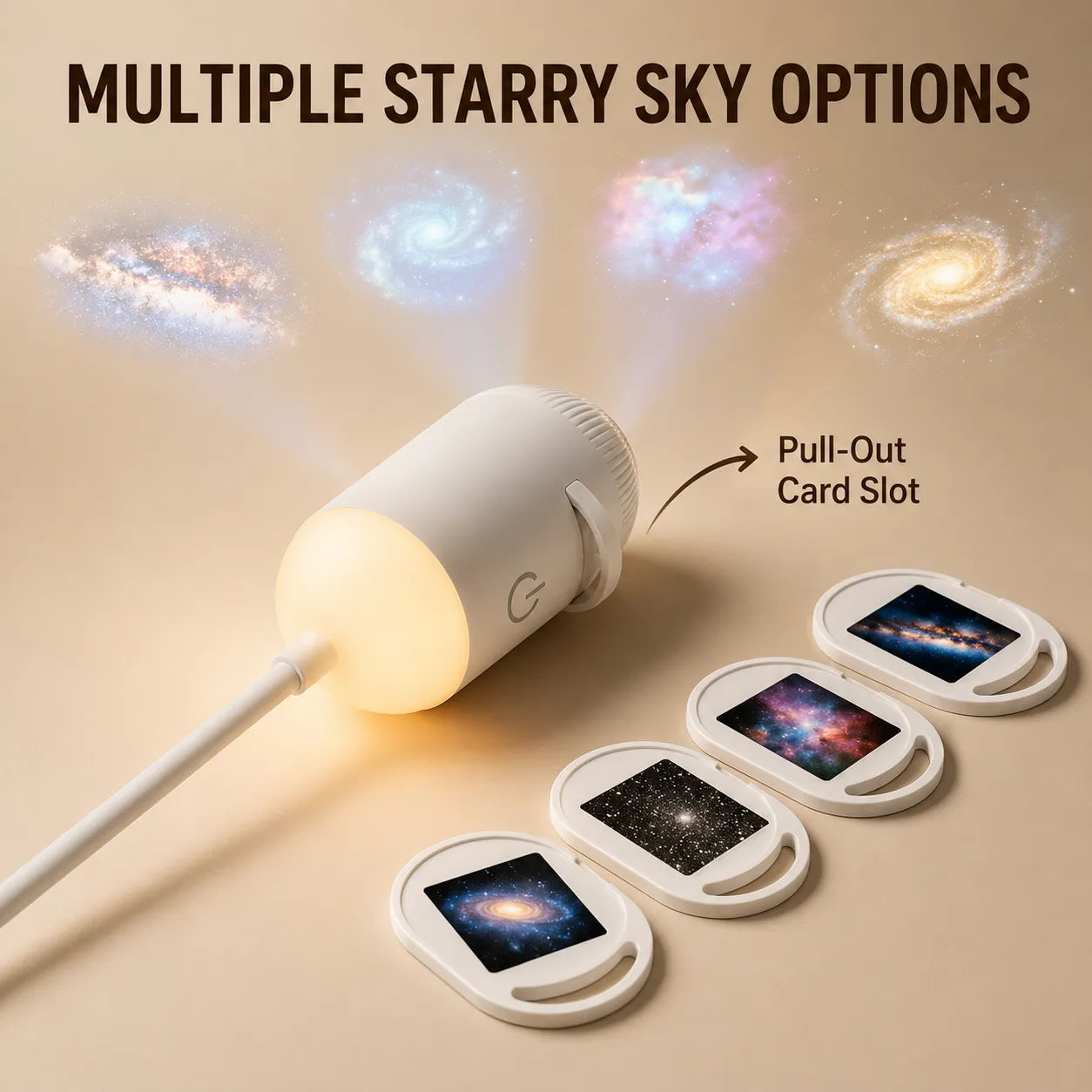 Starry sky projector with multiple starry sky options on a beige background