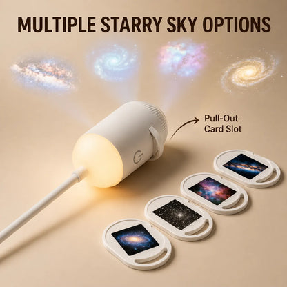 Starry sky projector with multiple starry sky options on a beige background