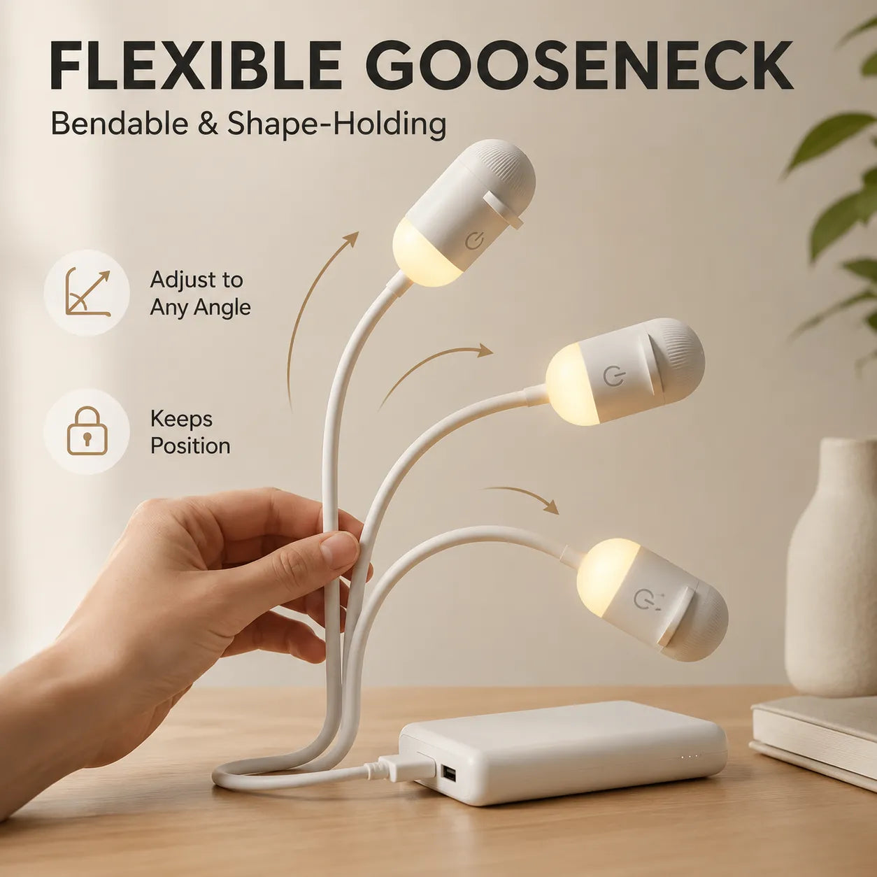 Flexible gooseneck lamp with multiple light bulbs on a wooden surface.