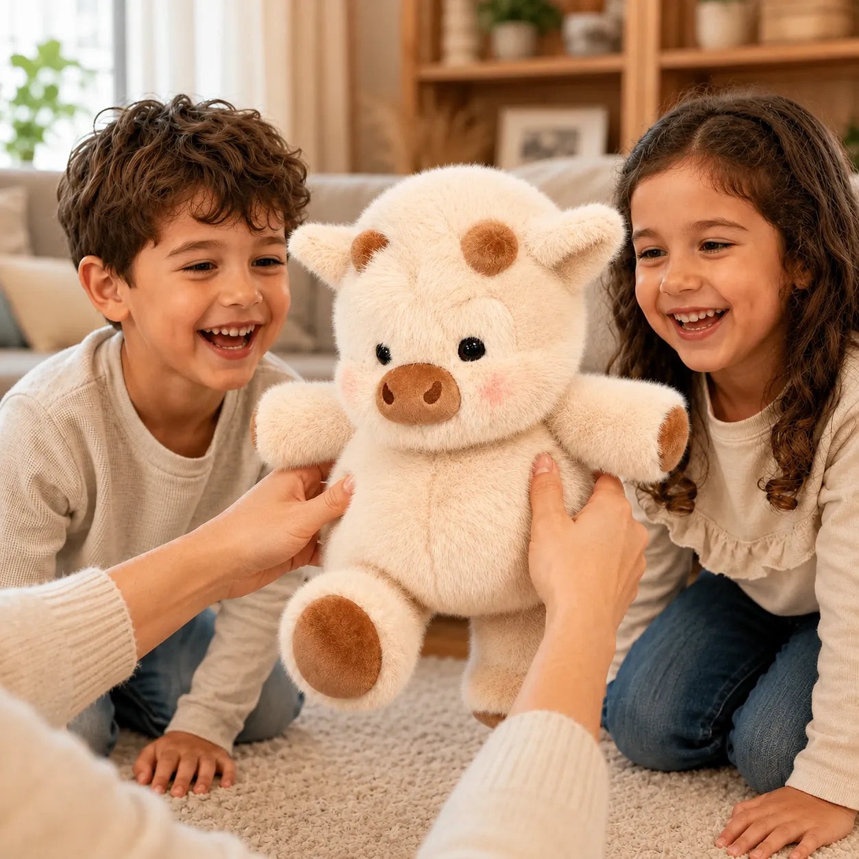 Two children holding a plush pig toy in a cozy living room.