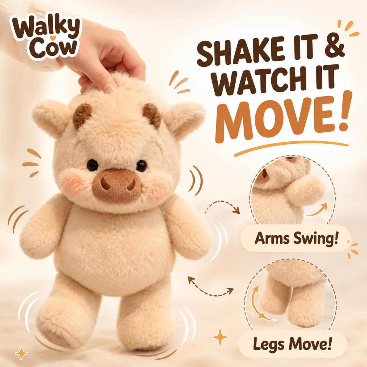 Plush toy pig with text 'Walky Cow' and 'Shake it & Watch it Move!' on a beige background