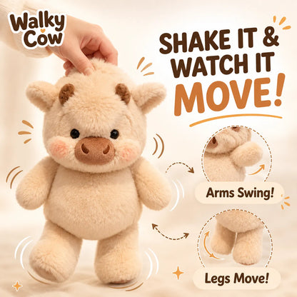 Plush toy pig with text 'Walky Cow' and 'Shake it & Watch it Move!' on a beige background