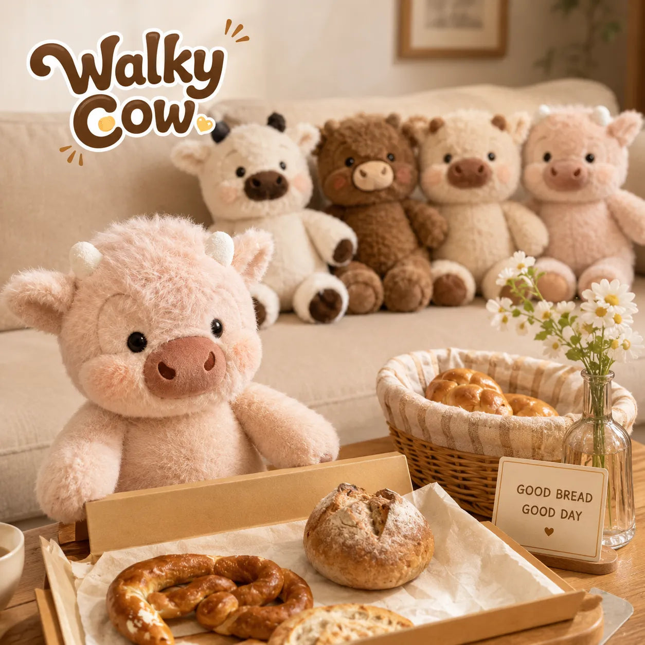 Plush toys resembling a cow, bear, and pigs on a couch with bread and flowers on a table.