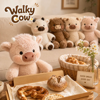 Plush toys resembling a cow, bear, and pigs on a couch with bread and flowers on a table.