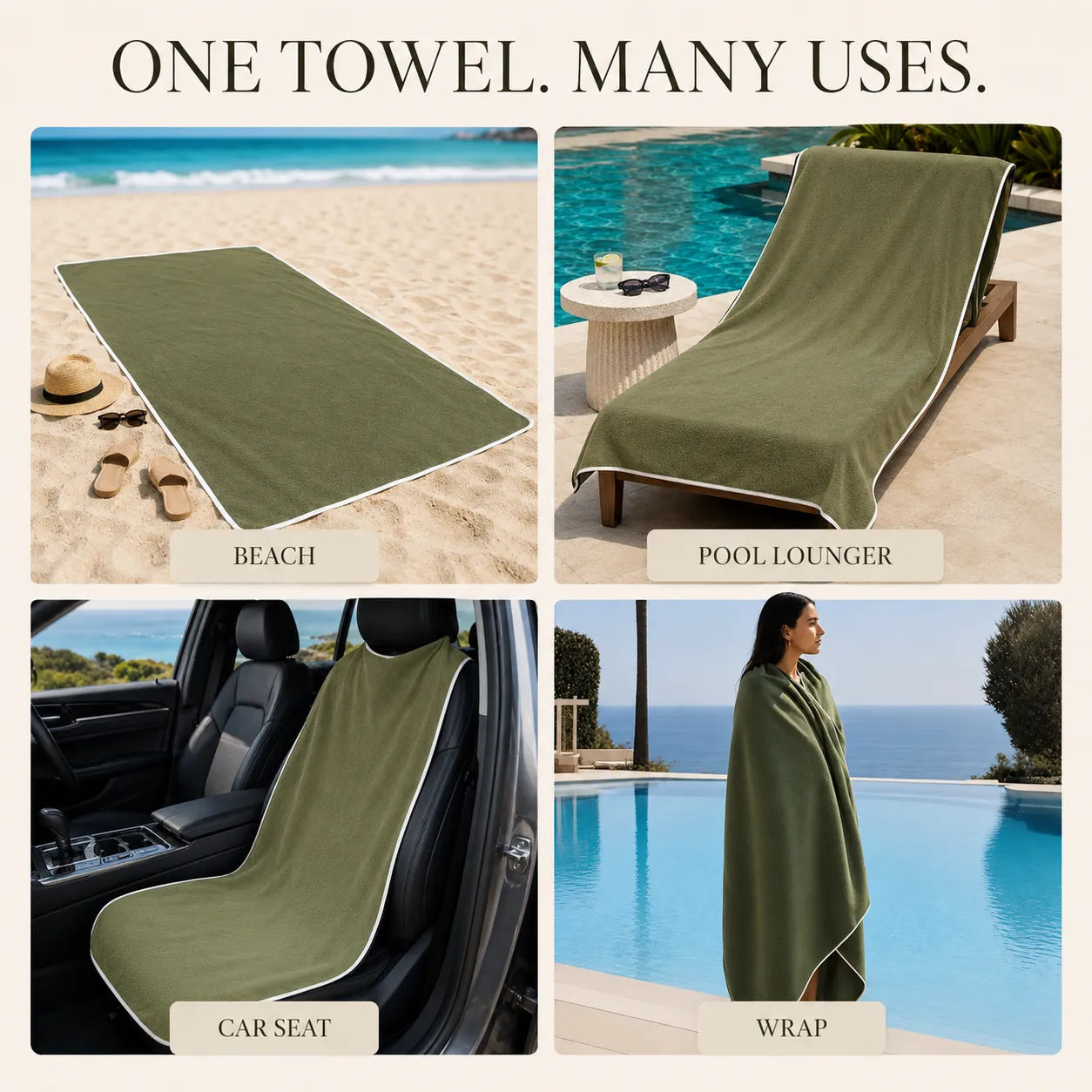 Green towel used for beach, pool, car seat, and wrap in various settings.