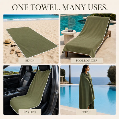 Green towel used for beach, pool, car seat, and wrap in various settings.