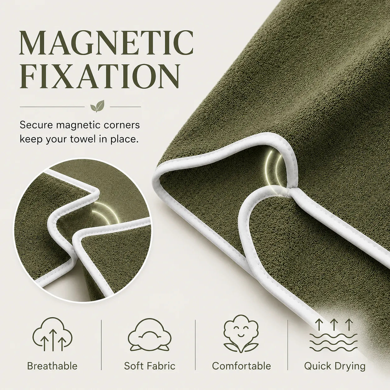 Green towel with white magnetic corners on a light gray background, featuring text about magnetic fixation and towel properties.