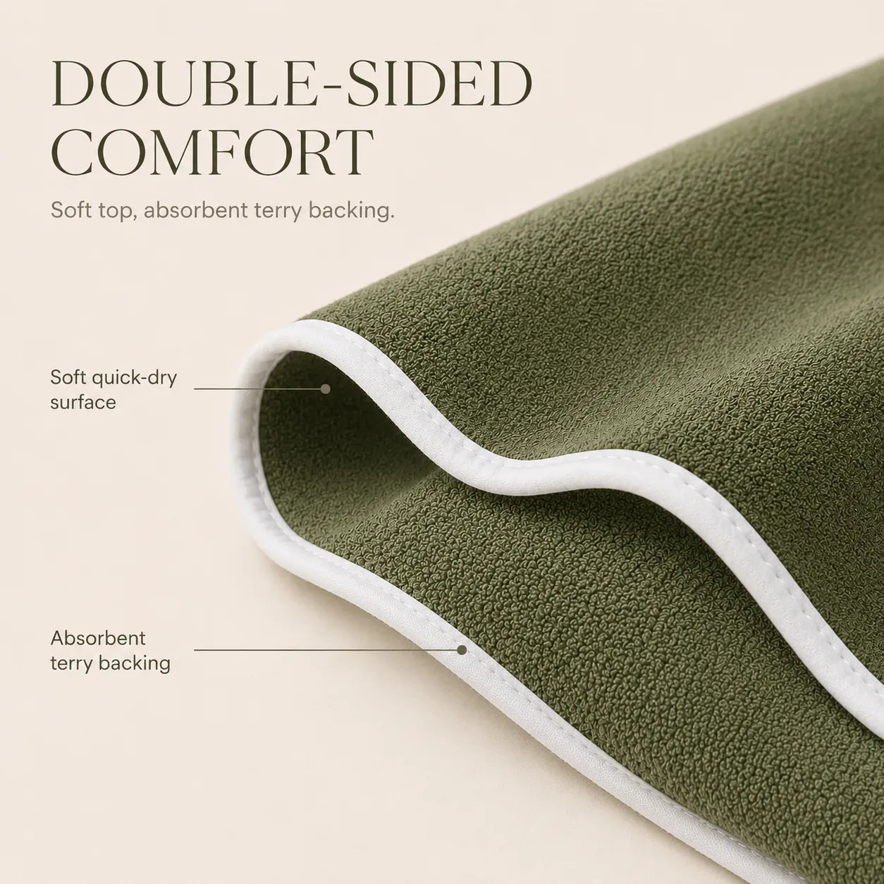 Green towel with text describing its features on a beige background