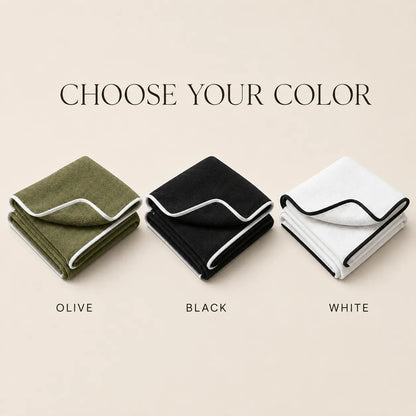Three folded towels in olive, black, and white with text 'Choose Your Color' on a beige background.