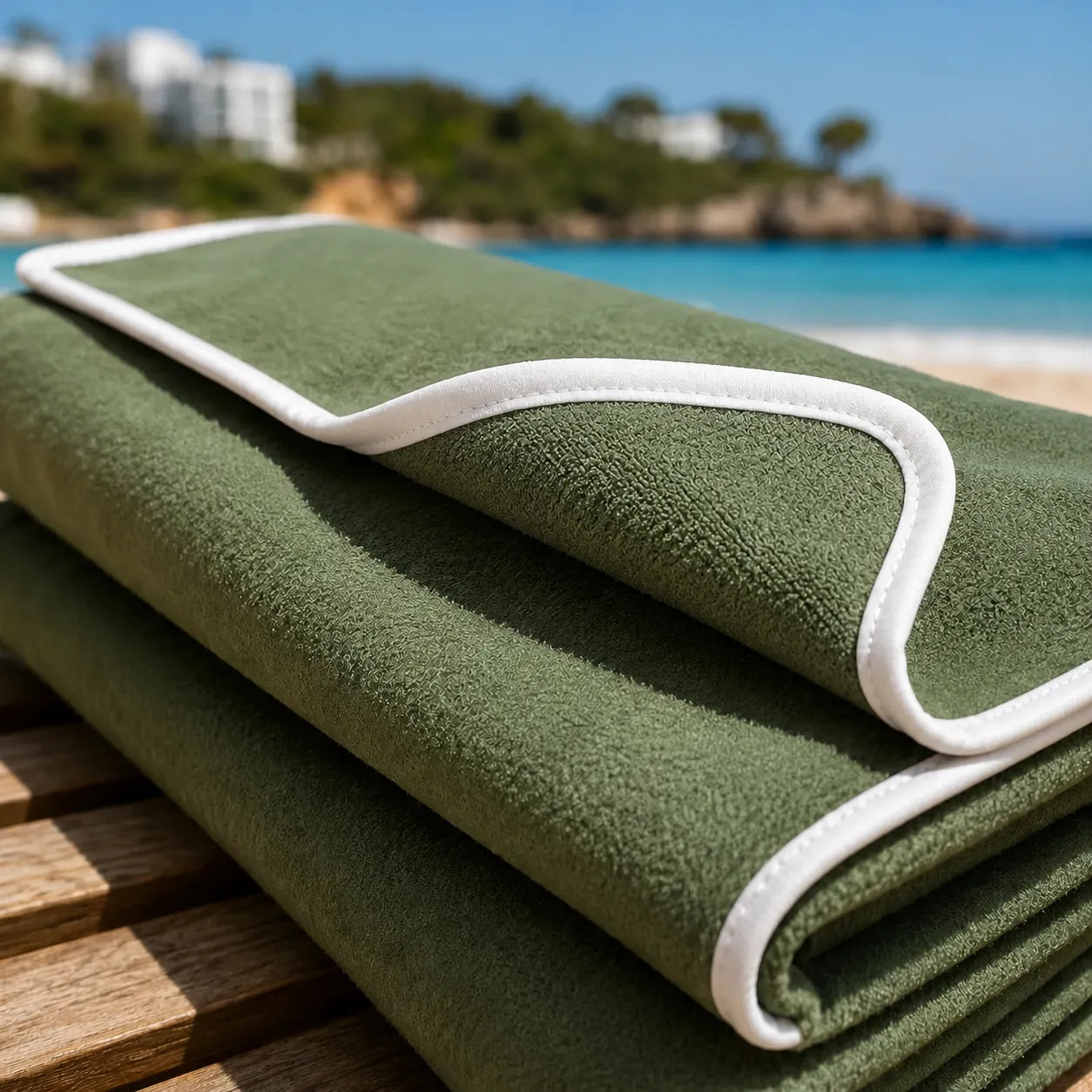 Green towel with white border on a wooden surface by the beach
