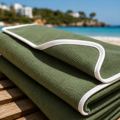 Green towel with white border on a wooden surface by the beach
