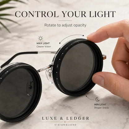 Sunglasses with a filter being adjusted, labeled 'Control Your Light' by Luxe & Ledger.