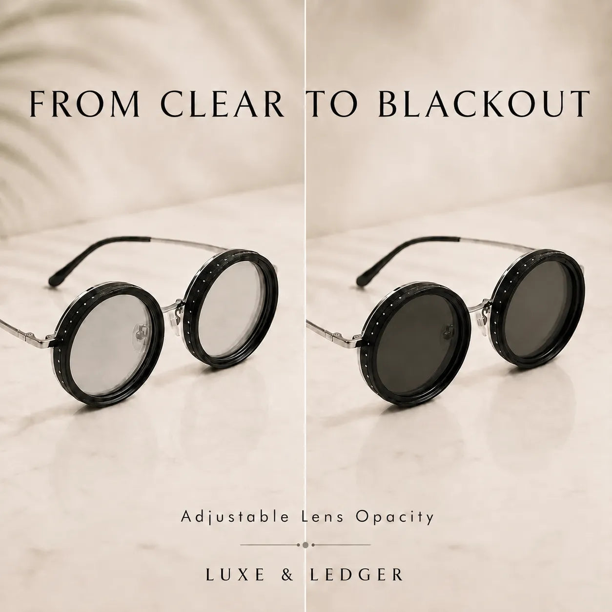 Sunglasses with adjustable lens opacity on a beige background, featuring the brand 'LUXE & LEDGER'.