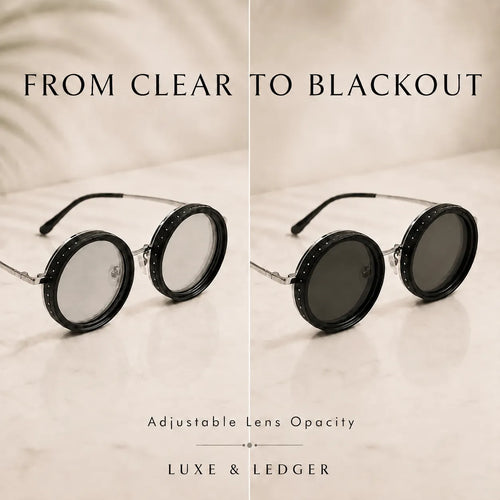 Sunglasses with adjustable lens opacity on a beige background, featuring the brand 'LUXE & LEDGER'.