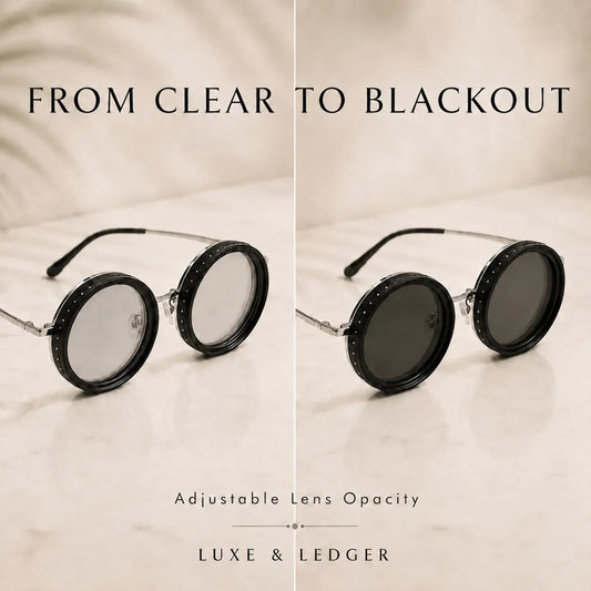 Sunglasses with adjustable lens opacity on a beige background, featuring the brand 'LUXE & LEDGER'.