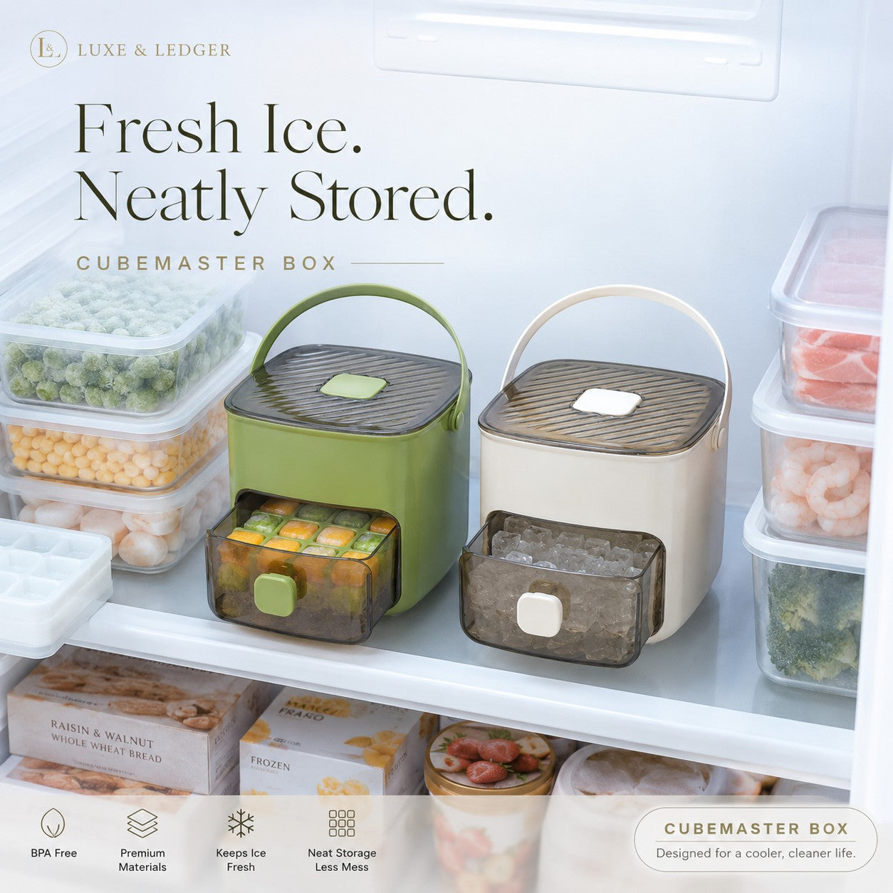 Cubemaster box containers in a refrigerator with text 'Fresh Ice. Neatly Stored.'