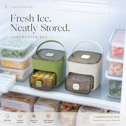 Cubemaster box containers in a refrigerator with text 'Fresh Ice. Neatly Stored.'