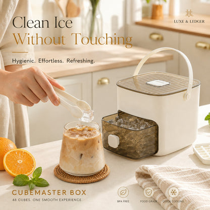 Cubemaster Box with ice cubes being added to a glass of iced coffee in a kitchen setting.