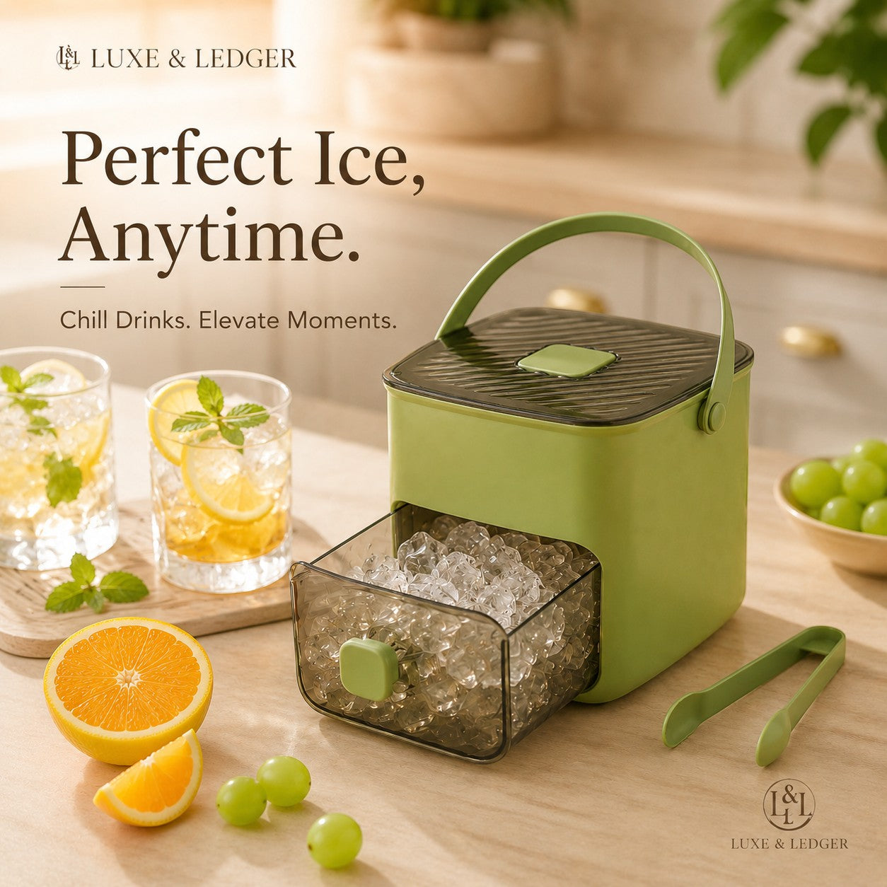 Green ice maker with drinks and fruits on a wooden surface, featuring Luxe & Ledger branding.