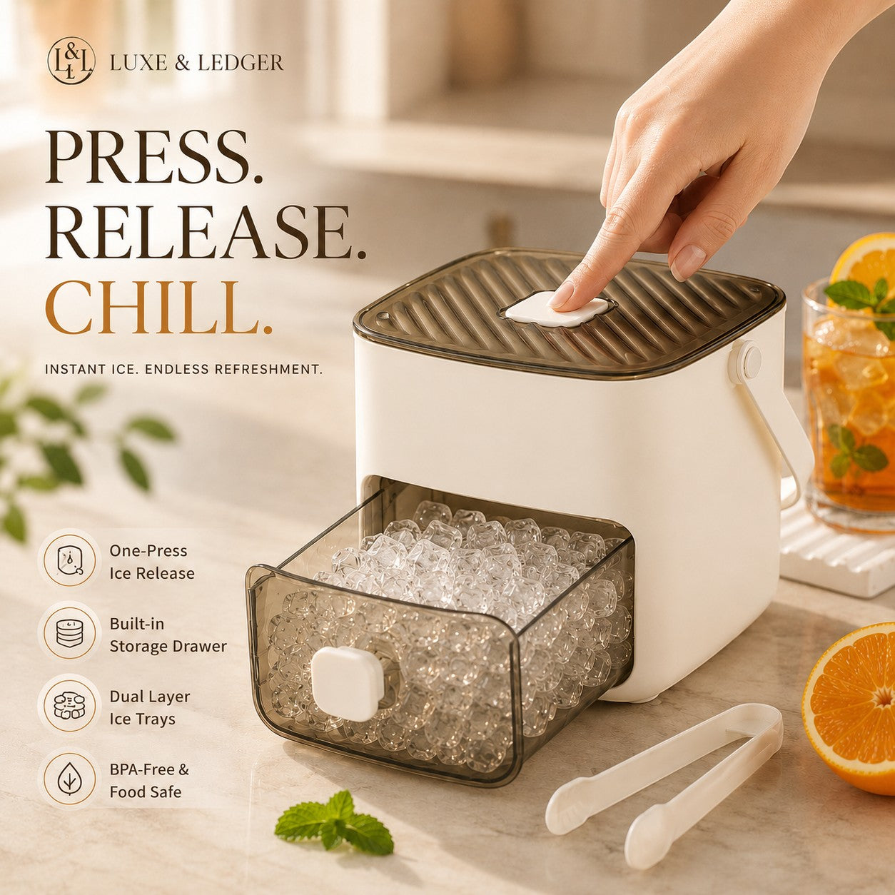 Ice maker with text 'Press. Release. Chill.' and branding 'Luxe & Ledger' on a kitchen counter.