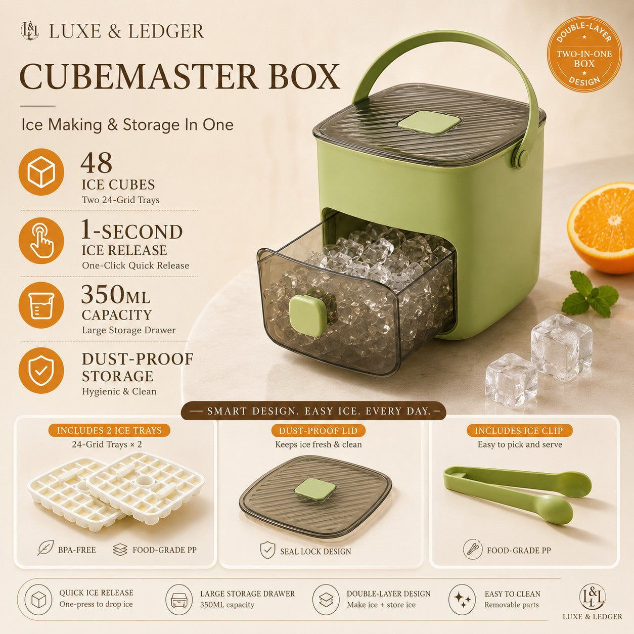Green ice cube maker with features listed on a beige background