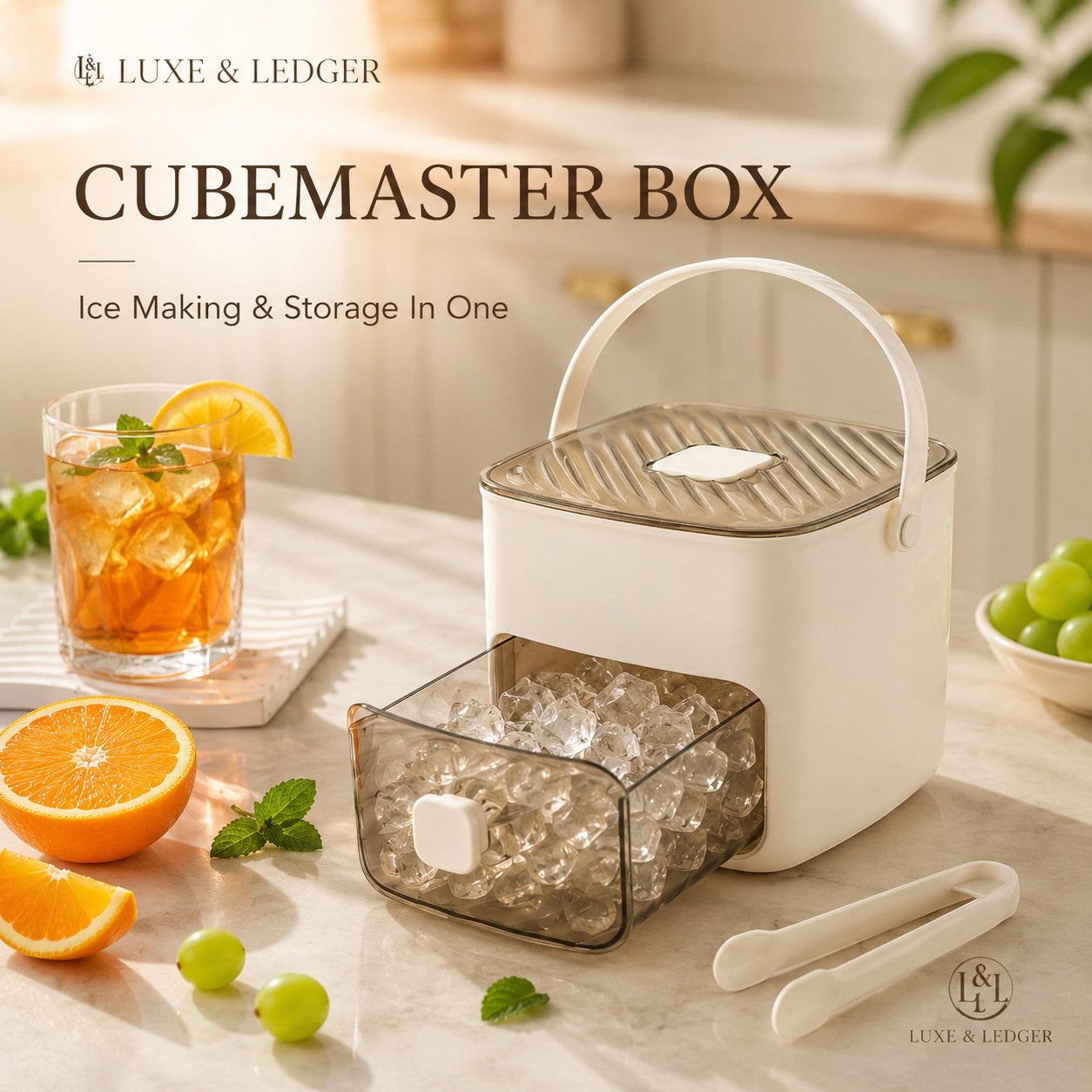 Cubemaster box with ice cubes, glass of iced tea, oranges, and grapes on a marble surface.