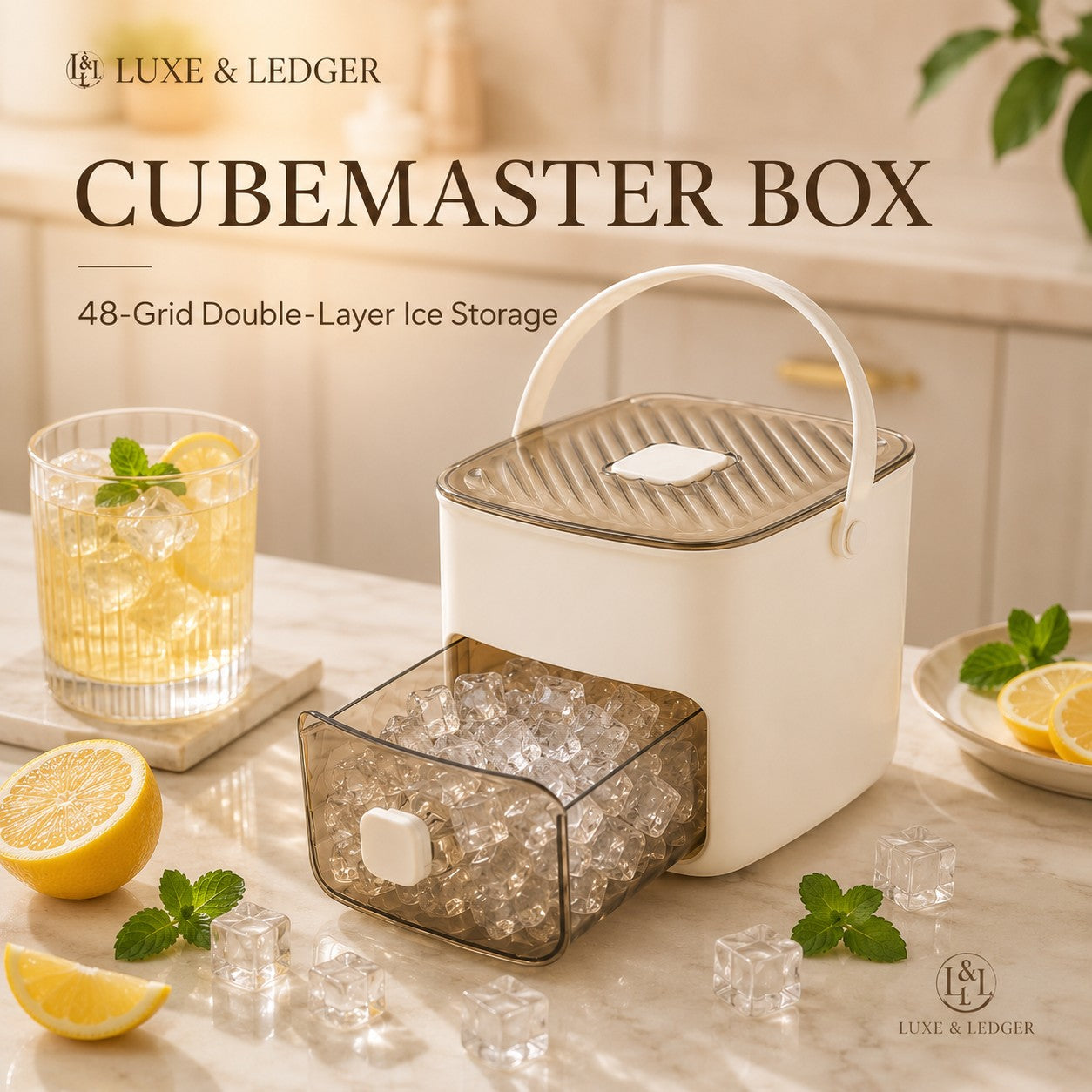 Cubemaster box with ice cubes on a table with lemon slices and a drink, branded as Luxe & Ledger.