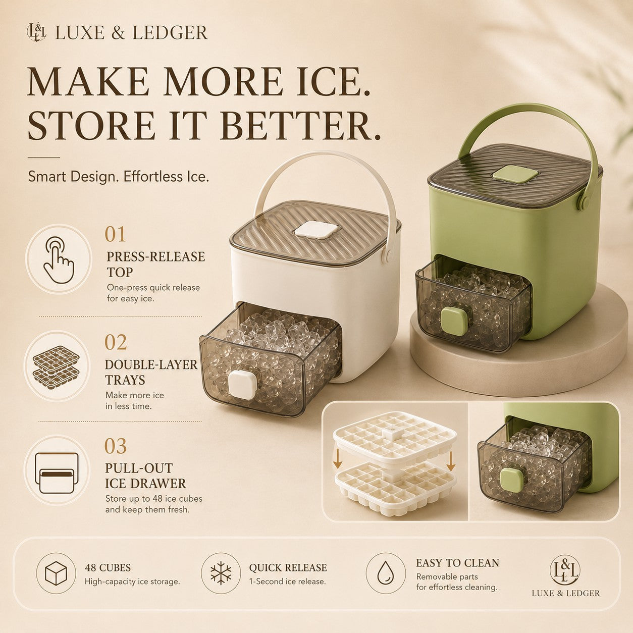 Ice maker with features highlighted on a beige background, branded as Luxe & Ledger.