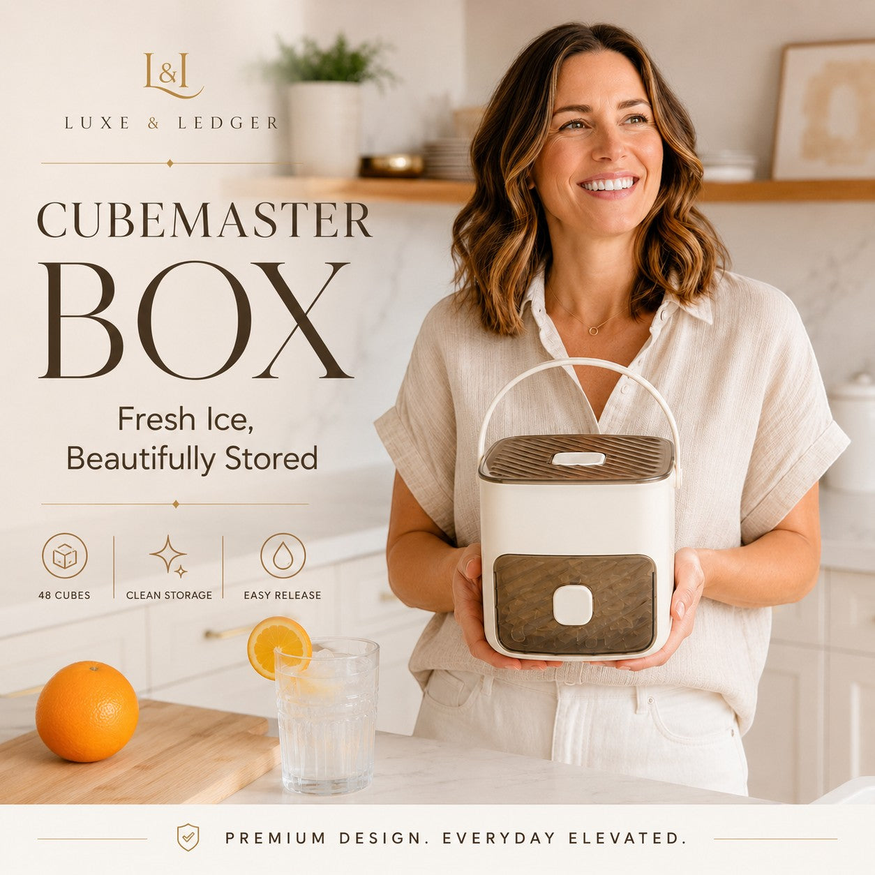 Woman holding a wooden ice cube tray with branding and product description text overlay.