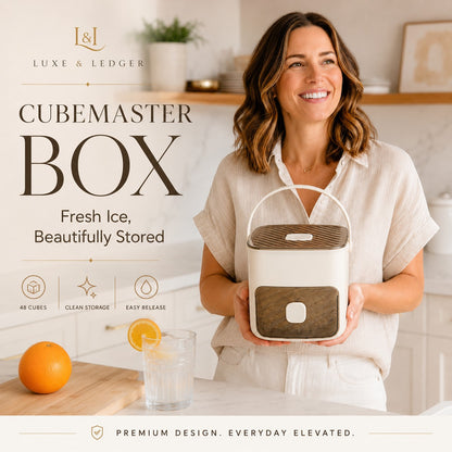 Woman holding a wooden ice cube tray with branding and product description text overlay.