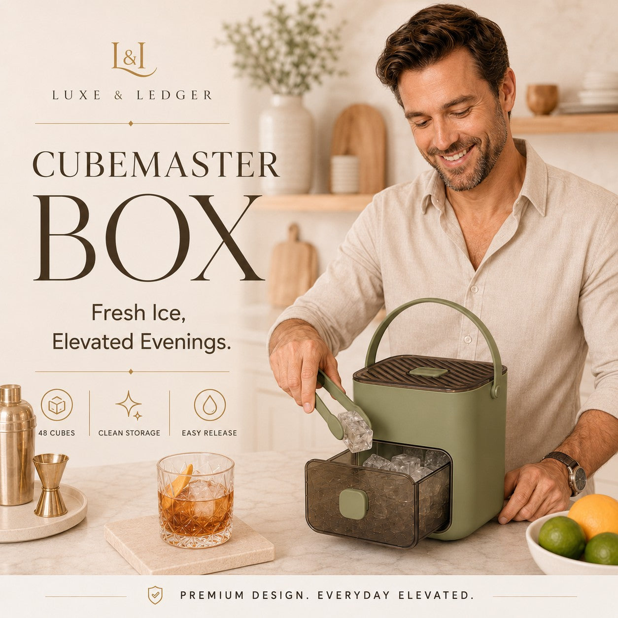 Man using a green ice cube maker with text about the 'Cubemaster Box' by Luxe & Ledger.